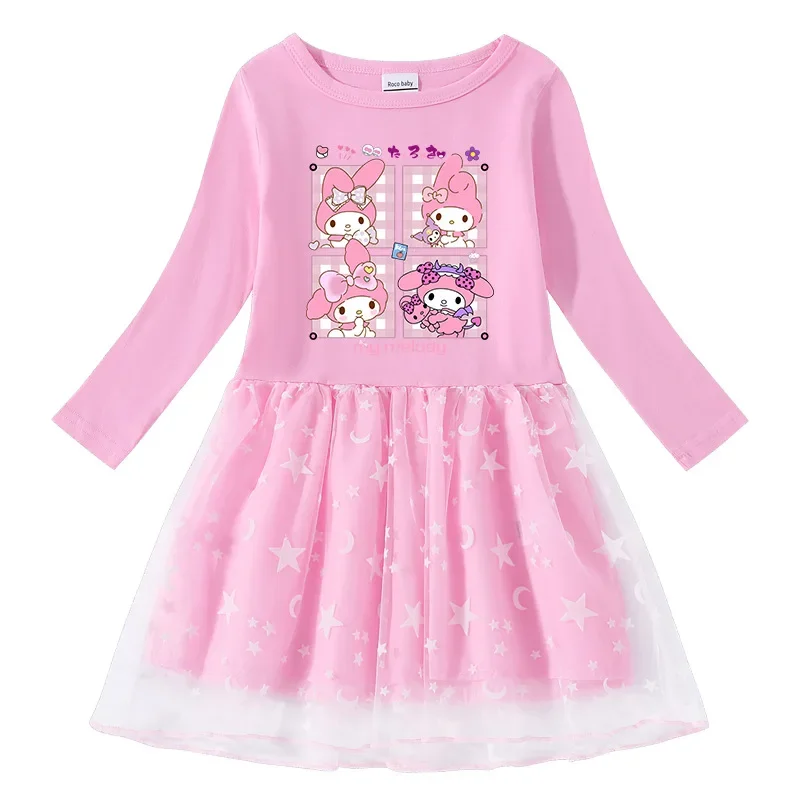

Sanrio Melody 2023 Spring and Autumn New Girls Cotton Printed Cartoon Stars and Moon Mesh Long Sleeve Princess Dress