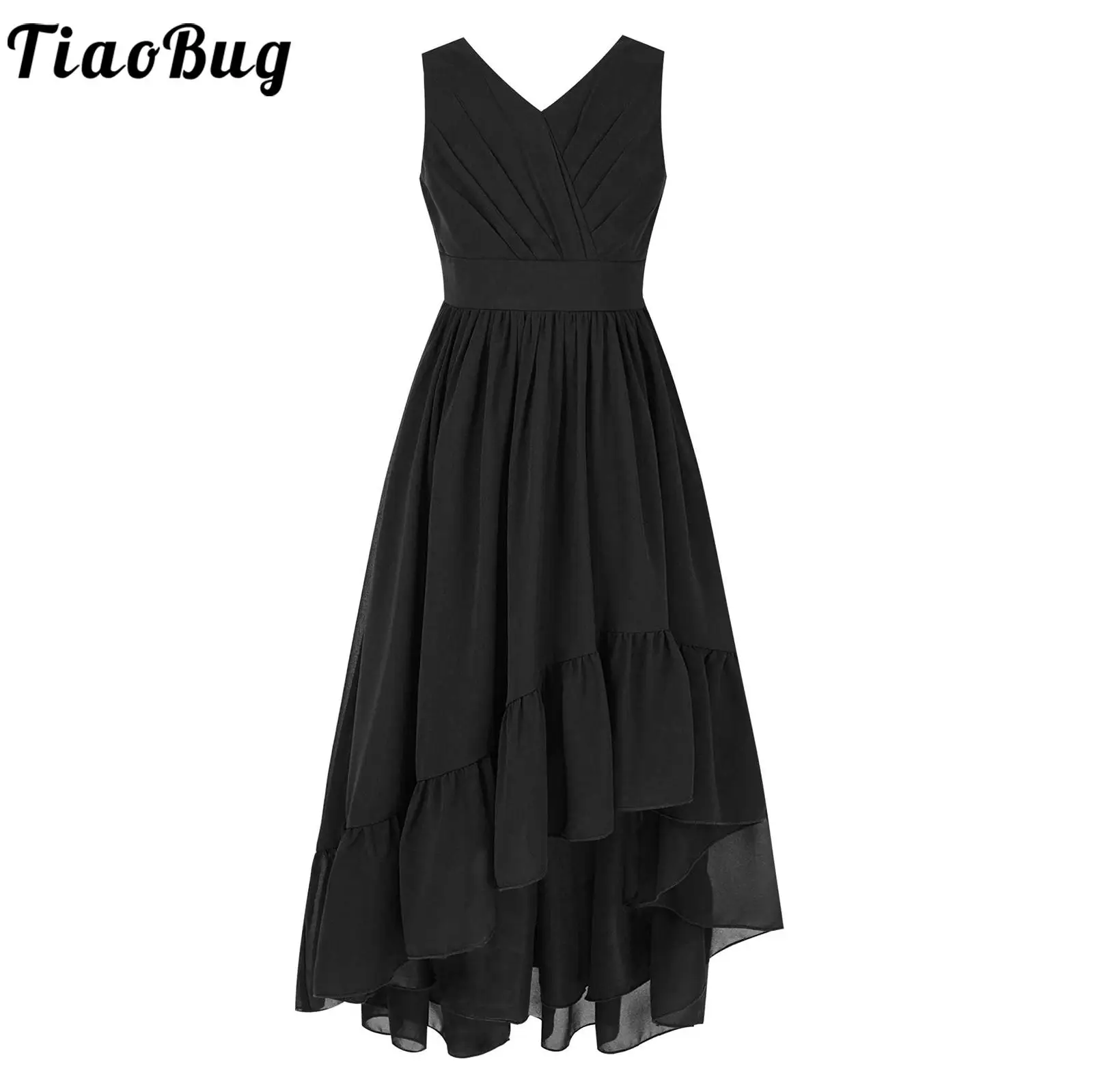 

Kids Girl Princess Dress Sleeveless V Neck Elegant Asymmetrical Hem Solid Color Child Long Dress Formal Occasion Wear Girls Maxi