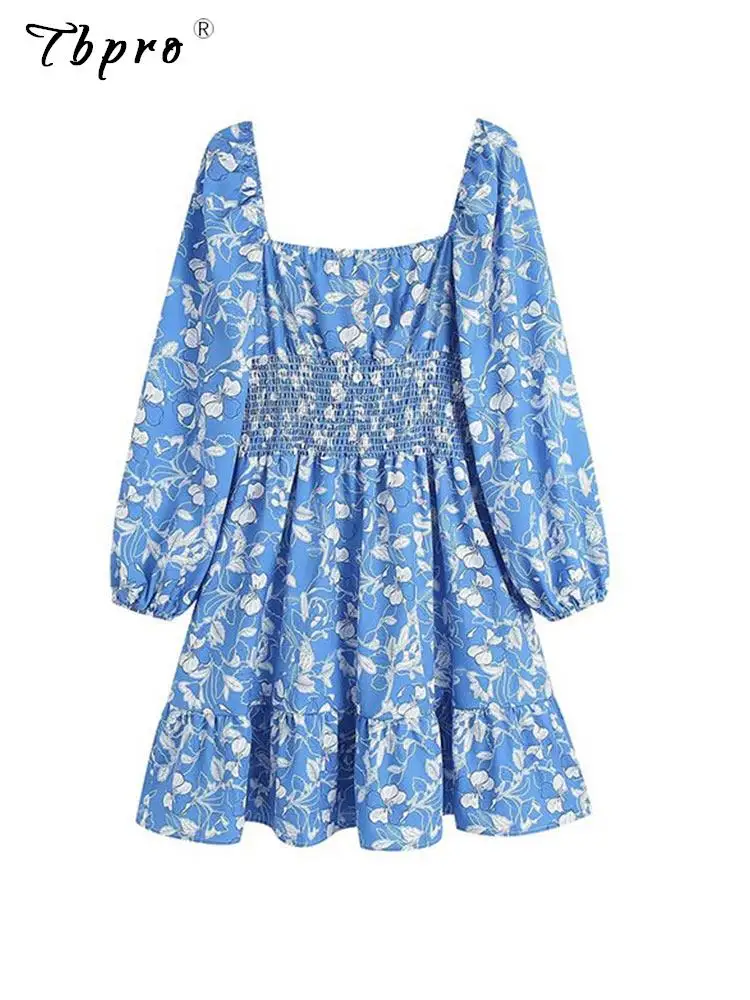 

Летнее женское платье с открытой спиной и квадратным вырезом, с пышными рукавами, сексуальное женское платье-миди со складками и принтом, Y2K,...