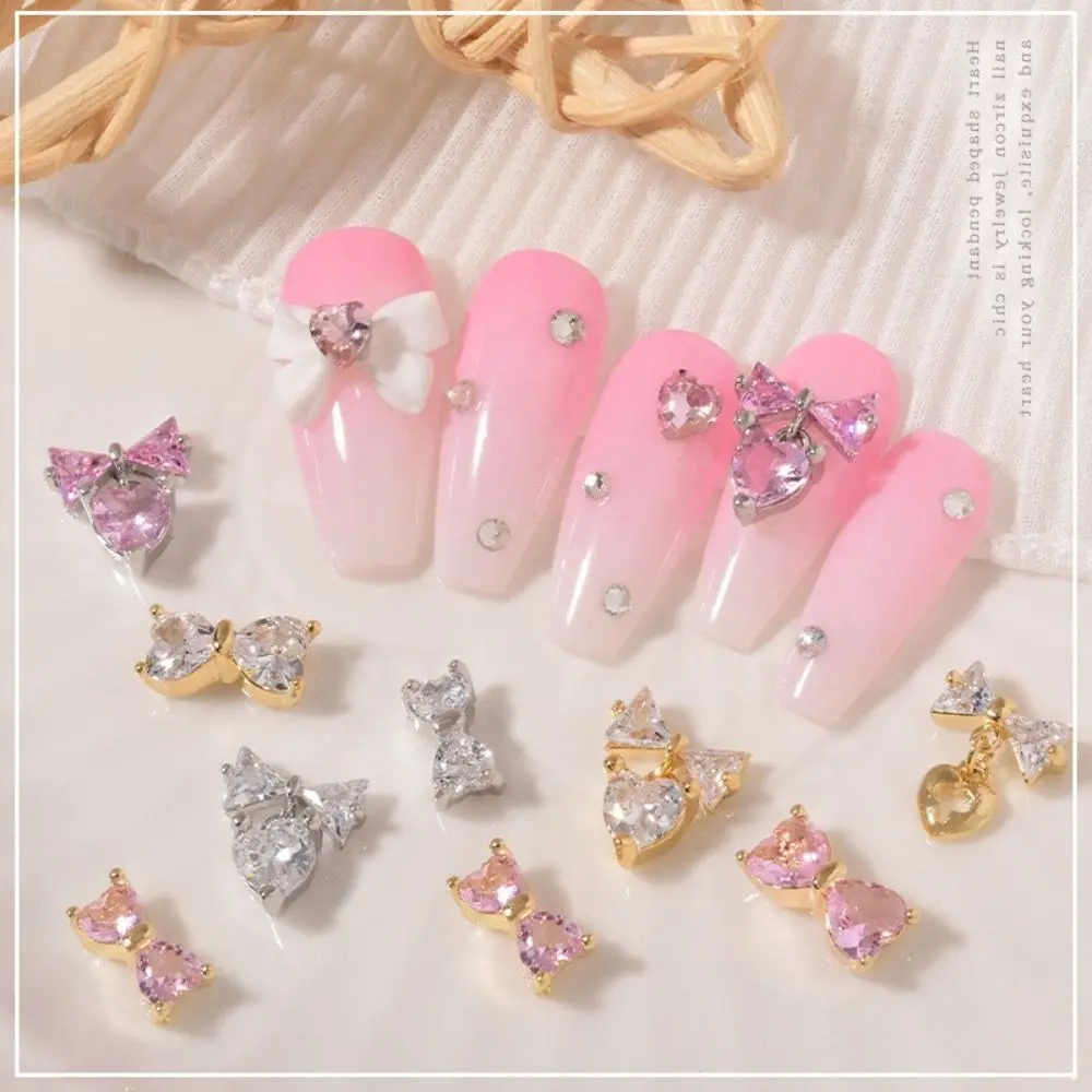 

2022 Light Luxury Charm Pink Bow Tie Love Zircon Pendant Nail Art Jewelry Ladies 3D Nail Art Decoration DIY Material Accessories