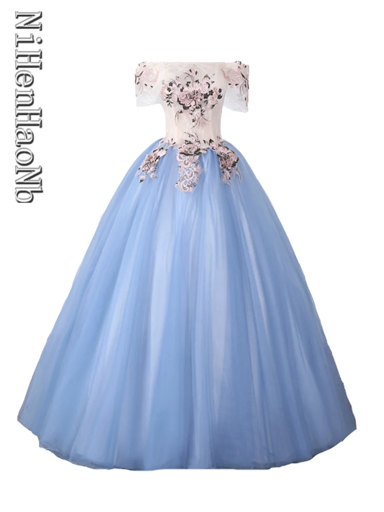 

New Sweet Boat Neck Floor Length Women Quinceanera Dresses Princess Bridesmaid Banquet Party Ball Prom Dress Gown