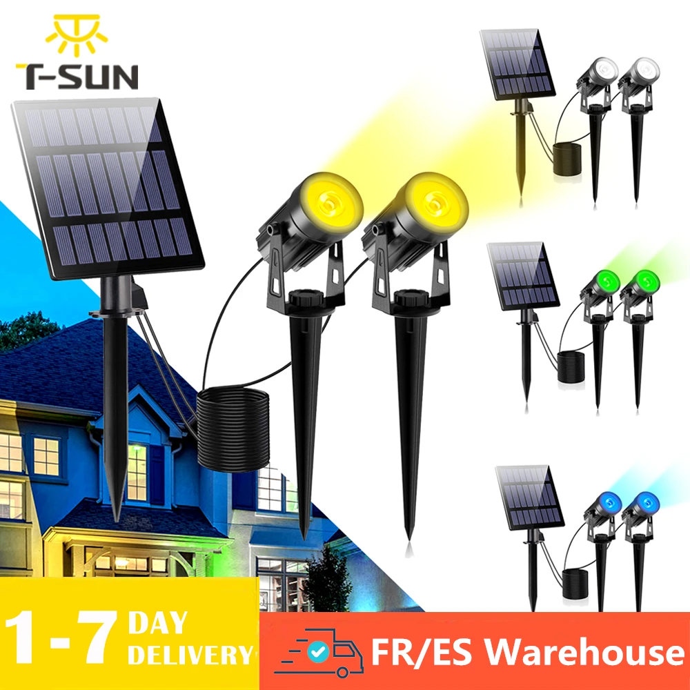 T-SUNRISE Solar Powered Spotlight 2 Warm White Lights Solar Panel Outdoor Lighting Landscape Yard Garden Tree Separately Lamp