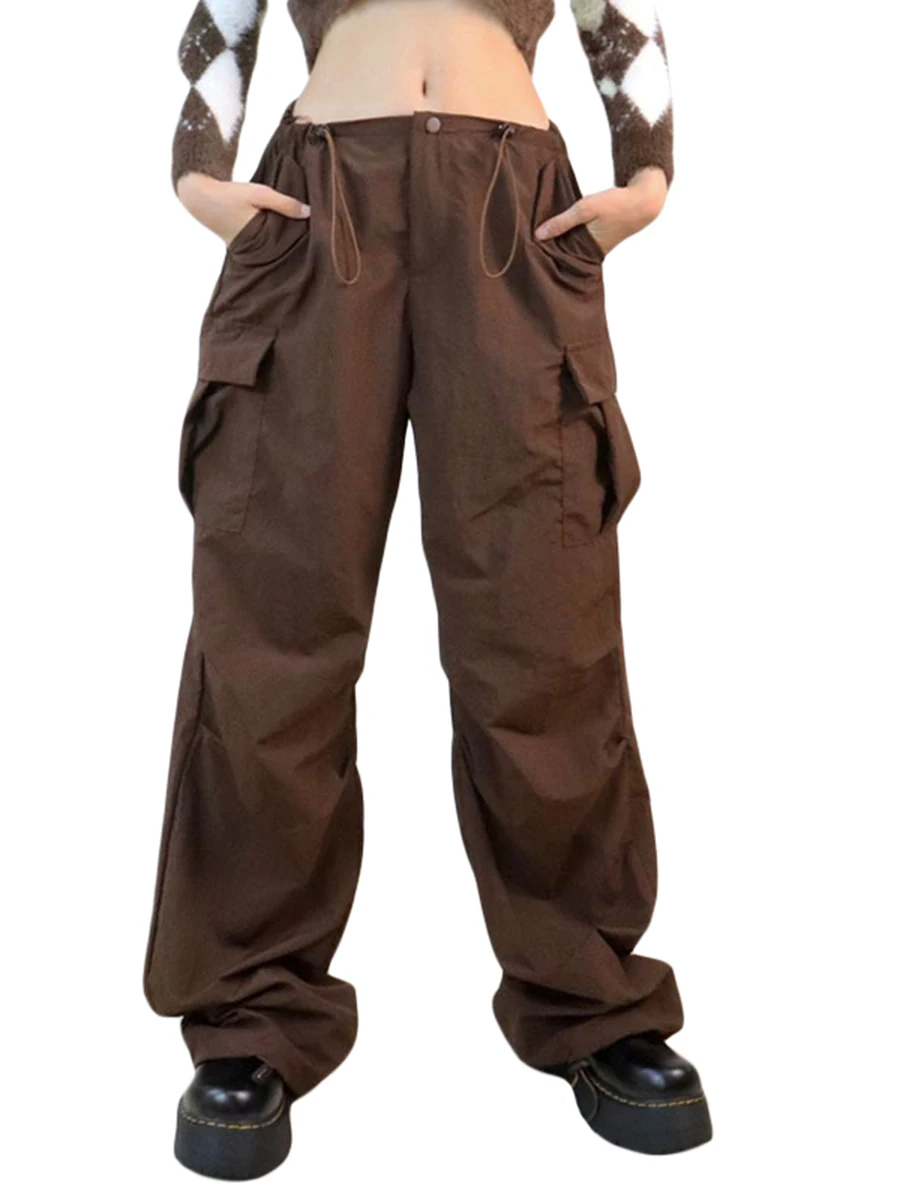 

Women Fashion Cargo Long Pants Solid Color Drawstring Low Waist Casual Trousers with Multiple Pockets