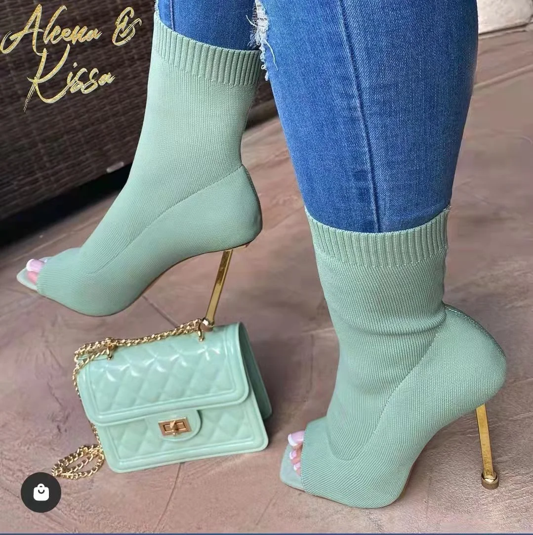 2023 New Style Slim High Heel Fish Mouth Soft Woven Fashion Boots Large Casual Fashion Women's Shoes