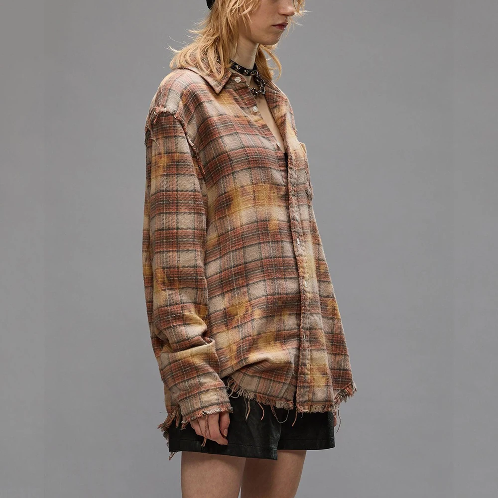 Женская клетчатая хлопковая рубашка с необработанным краем бахромой свободная