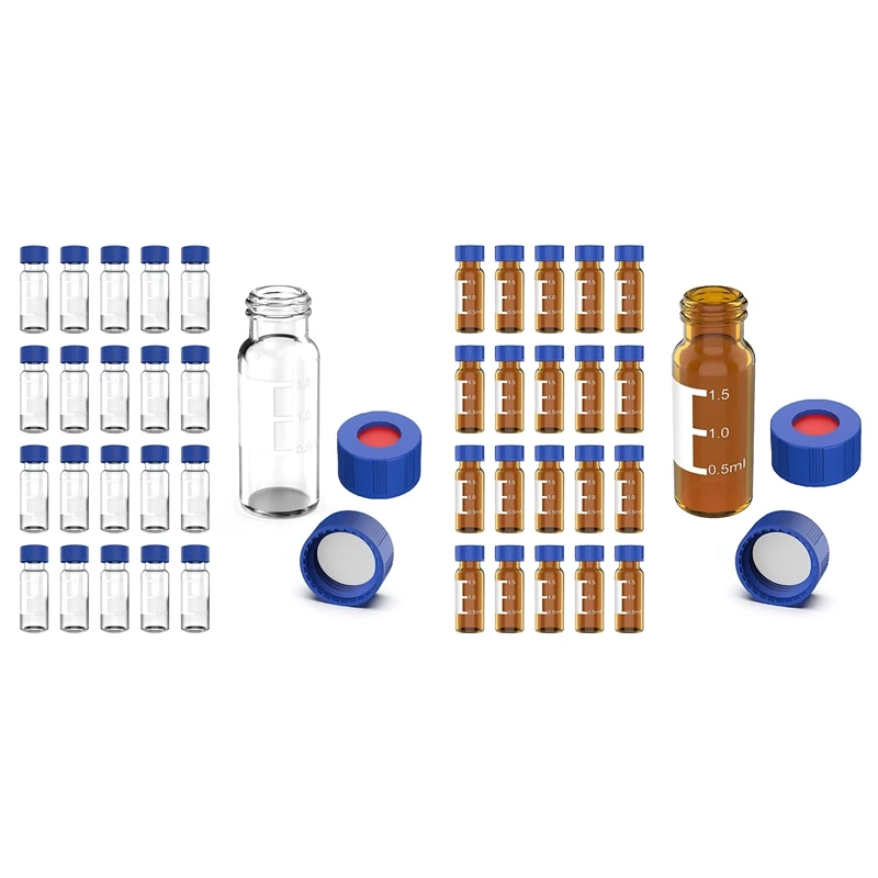 

2ML Autosampler Vials With Caps, 1000Pcs, Vials, 9-425 Glass Vial With Blue Screw Caps/Writing Patch/Graduation