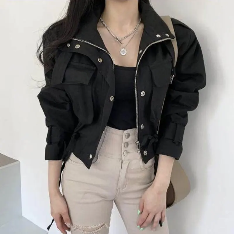 

Korean Chic Safari Style Cool Cropped Jackets Women Zipper Fly Drawstring Design Short Coats Autumn 2022 New Fashion Outwears