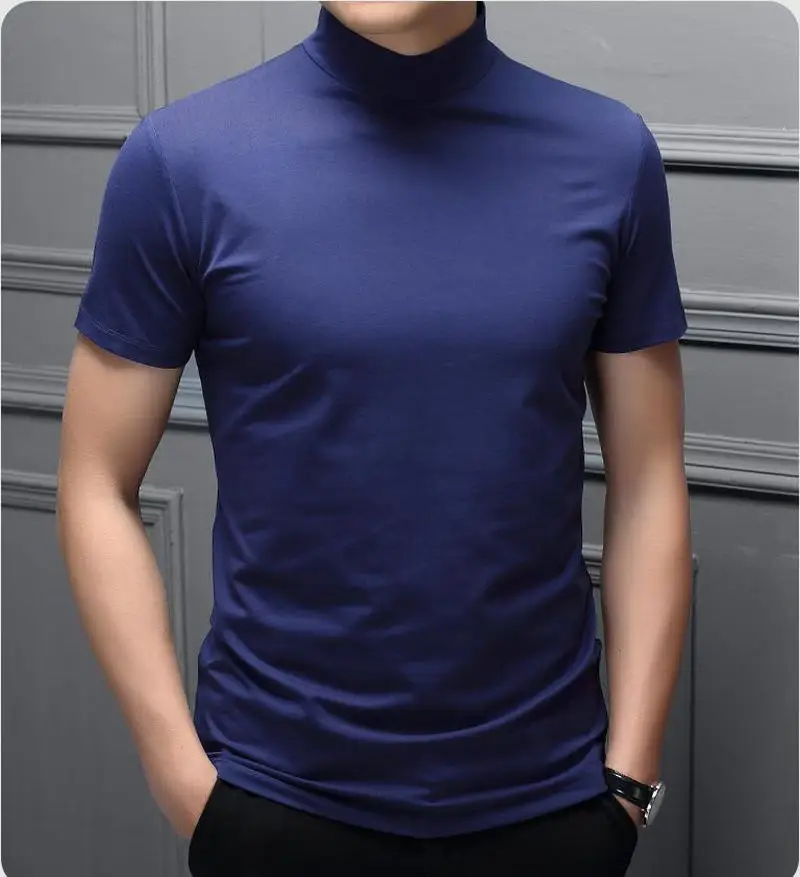 

Spring And Summer Men Half high Collar Mercerized Cotton Short Sleeve Slim Body T-Shirt Men Solid Color Modale High Collar Trend