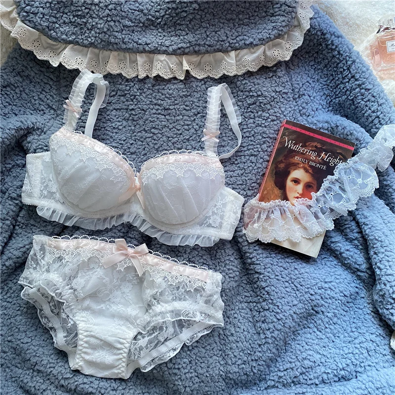 Japanese Cute Women's Underwear Set Lace Sexy Push Up Bra And Panty Embroidery Plus Size Lingere Femme White Bra Panties Thong