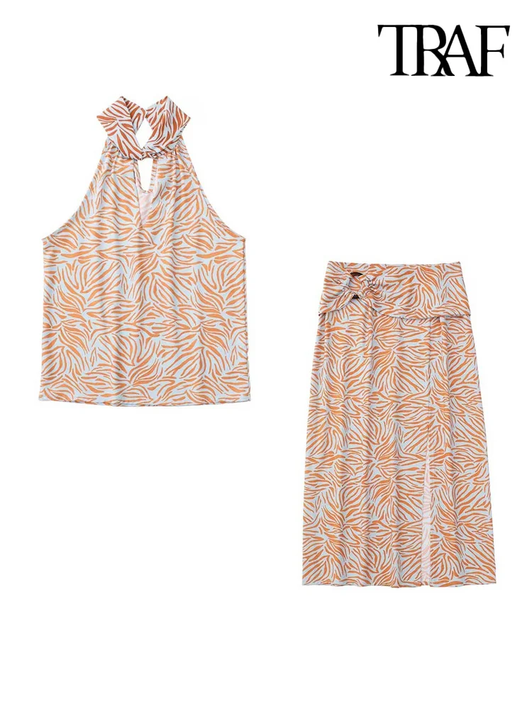 

TRAF Women Fashion Zebra Print Halterneck Blouses And High Waist Back Zipper Slit Skirts Female Two Piece Sets Mujer