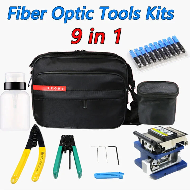 

Fiber Optic Tools Kits 9 in 1 FTTH Fiber Optic Tool Bag +Fiber Stripper+ fc-6s Fiber Cleaver+ Miller+10PCS SC UPC Fast Connector