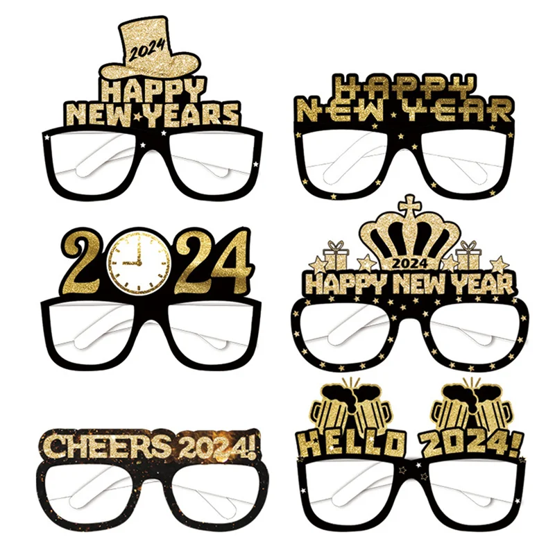 

6pcs Happy New Year Paper Glasses 2024 Eyeglasses Frame Photo Booth Props New Year's Eve Party Decoration Christmas Supplies