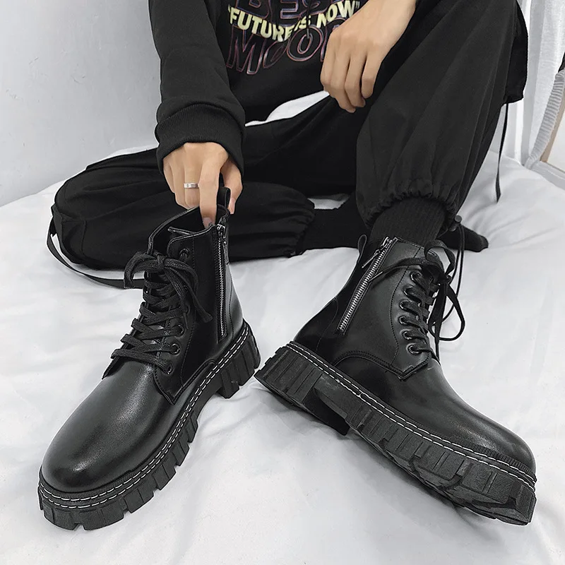 

Men Winter High-Top Martin Boots Side Zipper Tooling Shoes Leather Black Velvet Increased Boots Botas Hombre Botines