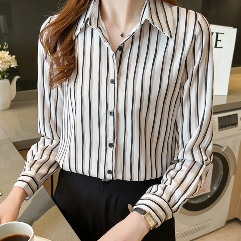 

Korean Fashion Striped Ladies Shirts Womens Blouses 2022 Spring Elegant Button Long Sleeve Shirt Tops Female Blusas Clothing New
