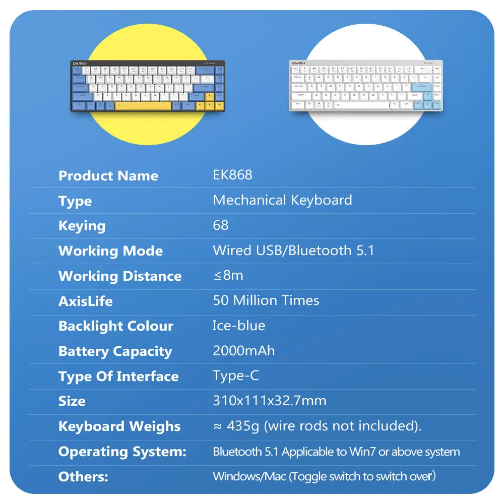 Низкопрофильная Механическая беспроводная клавиатура Dareu EK868 Bluetooth 5 1