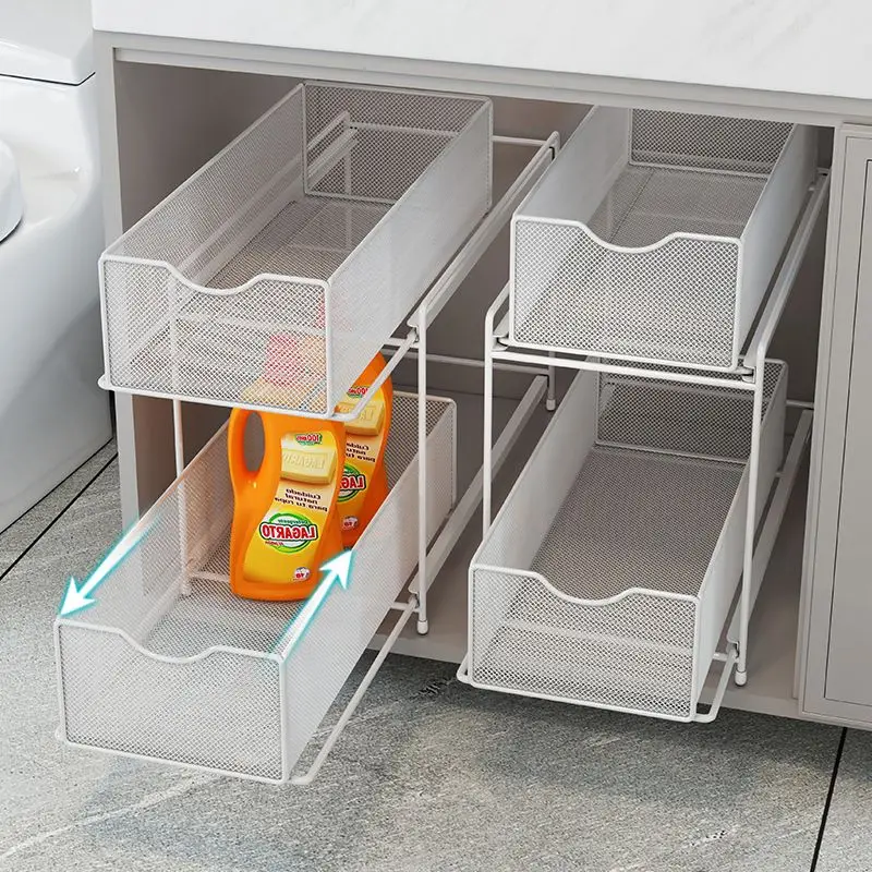 

Simple Bathroom Pull-Out Double Shelf Bathroom Countertop Under The Sink Large Capacity Grid Miscellaneous Metal Storage Shelf