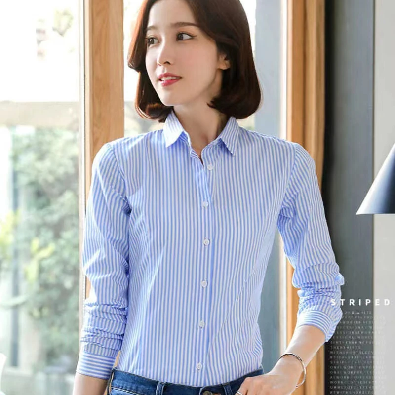 

Female Stripe Print Blusas Femininas Elegante New Women Blouse Turn Down Collar Long Sleeve Women Top Casual Blouse Shirts 772CP