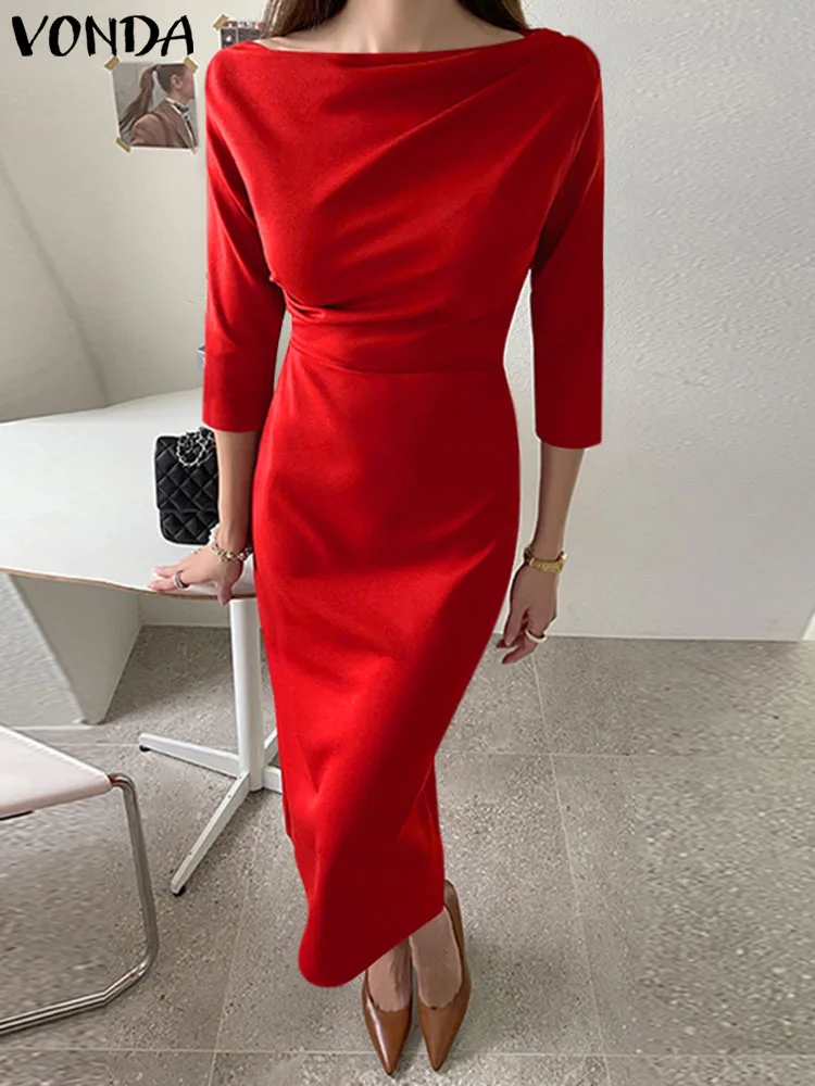 

Elegant Party Dress Women VONDA 2023 Summer Sundress Fashion Solid Color Casual 3/4 Sleeve Loose O Neck Midi Vestidos Robe Femme
