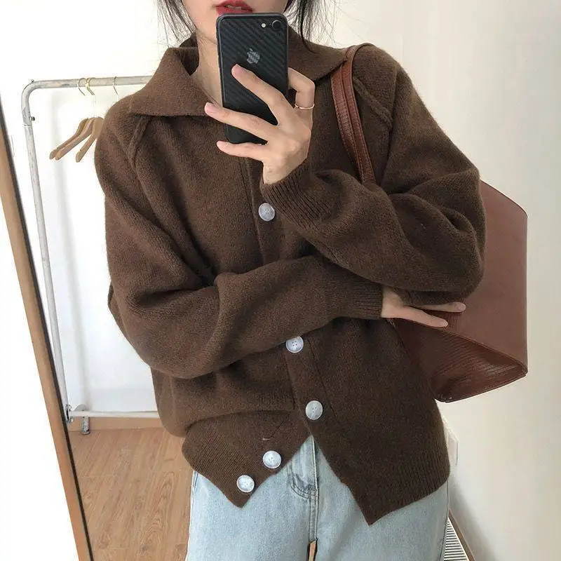 

Korean Version Solid Color Loose New Autumn New Style Knitted Sweater Outer Wear Retro Sweater Women's Cardigan Jacket