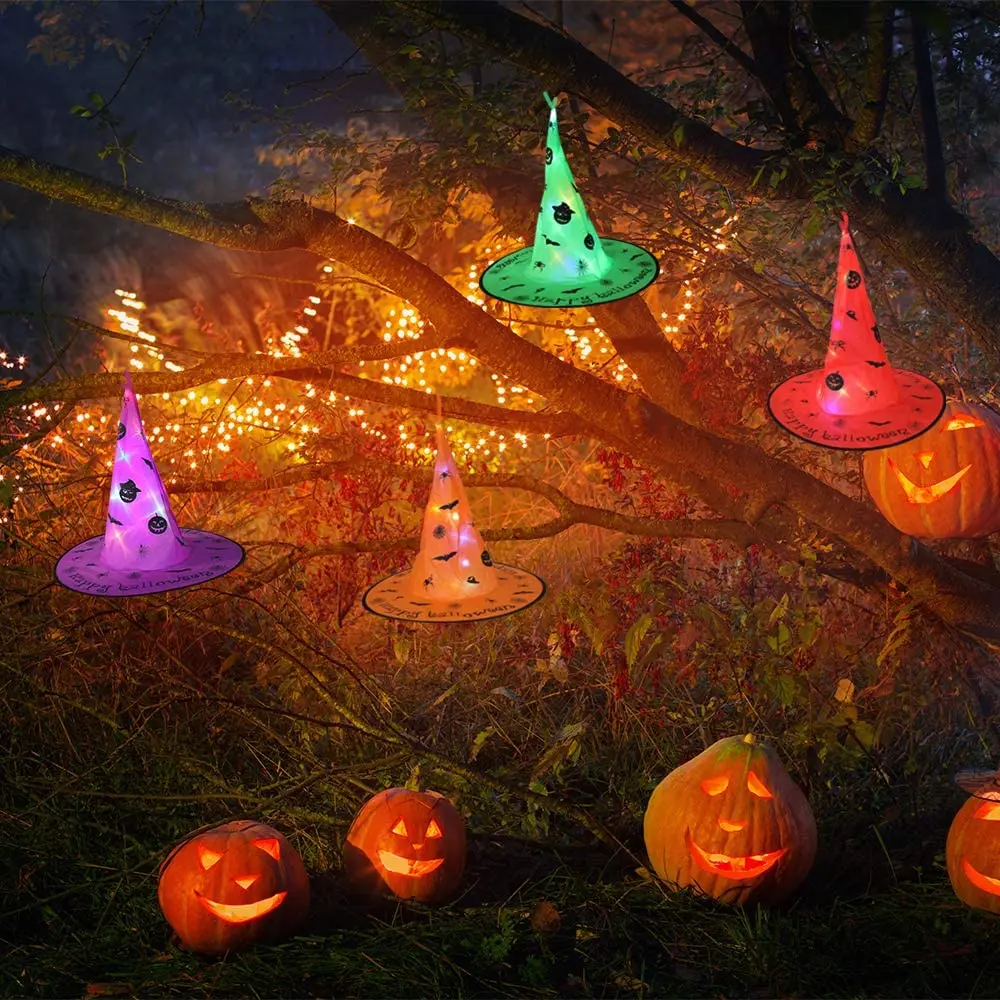 

Halloween Decoration 10pcs Witch Hat LED Lights Halloween Witch Hat For Kids Party Decor Supplies Outdoor Tree Hanging Ornament