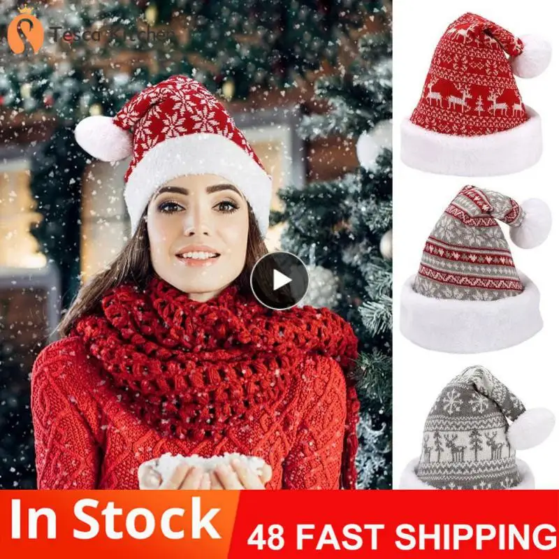 

Snowflake Elk Knitted Christmas Hat Winter Thicken Knitted Velvet Cloth Adult Christmas Hat New Year Party Christmas Gifts