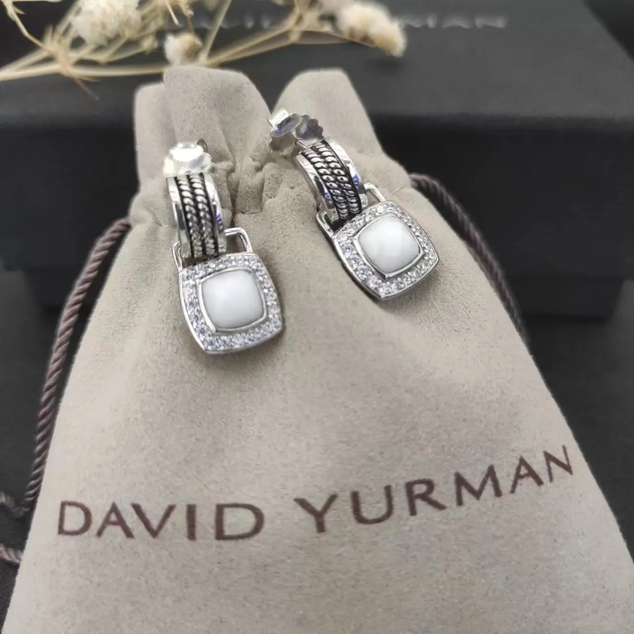 David Yurman Cable Classics Tetragonal stone Earrings in Sterling Silver With Amethyst and Pave Diamonds Jewelers