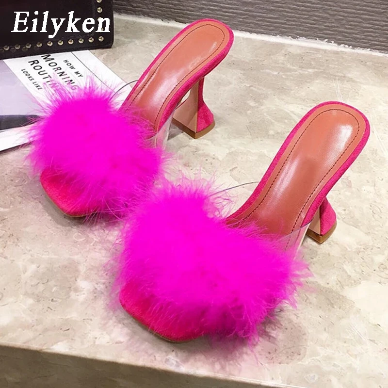 

Eilyken Woman Summer New Mules Slippers Feather PVC Transparent High Heels Fur Sandals Peep Toe Spike Heel Ladies Slides Shoes