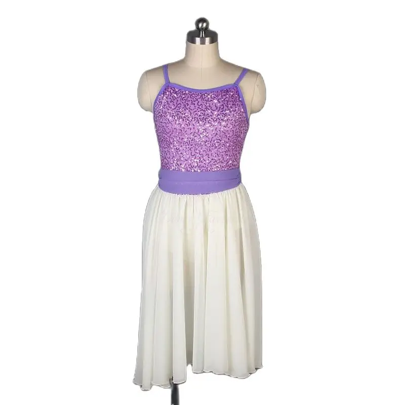 

19601 Lilac Adult Girls Ballet & Lyrical & Contemporary Dance Costume Camisole Sequin Lace Bodice with White Chiffon Dress