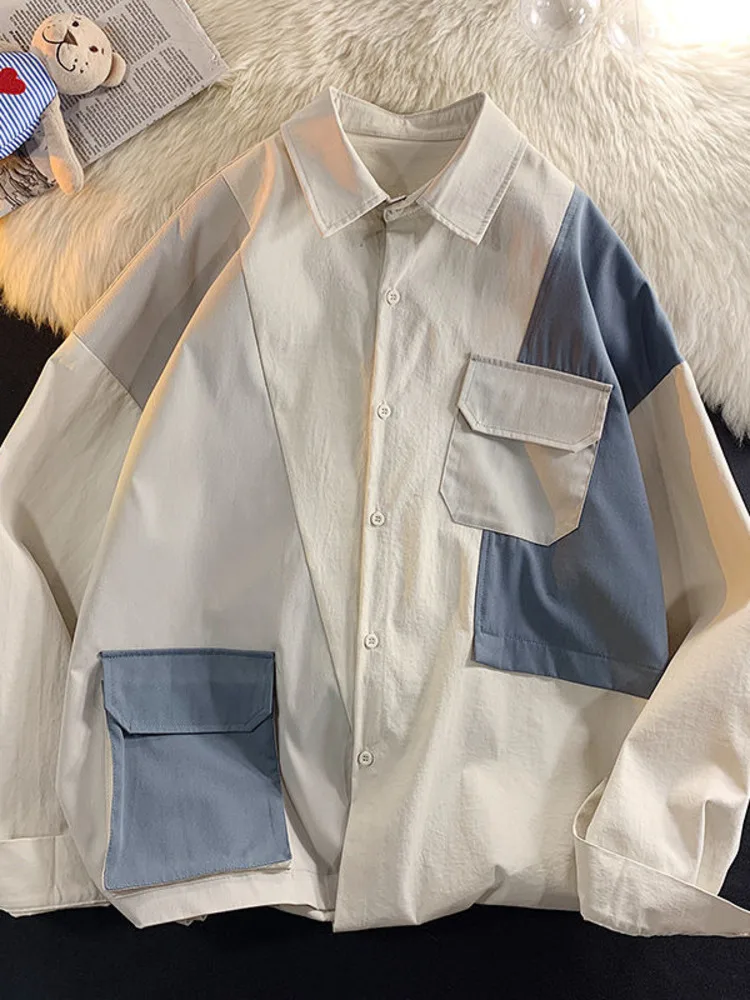 

SYUHGFA 2022 Patchwork Pockets Men's Shirts Long Sleeve Oversized Designer Brand Male Blouses Harajuku Cardigan Casual Clothing