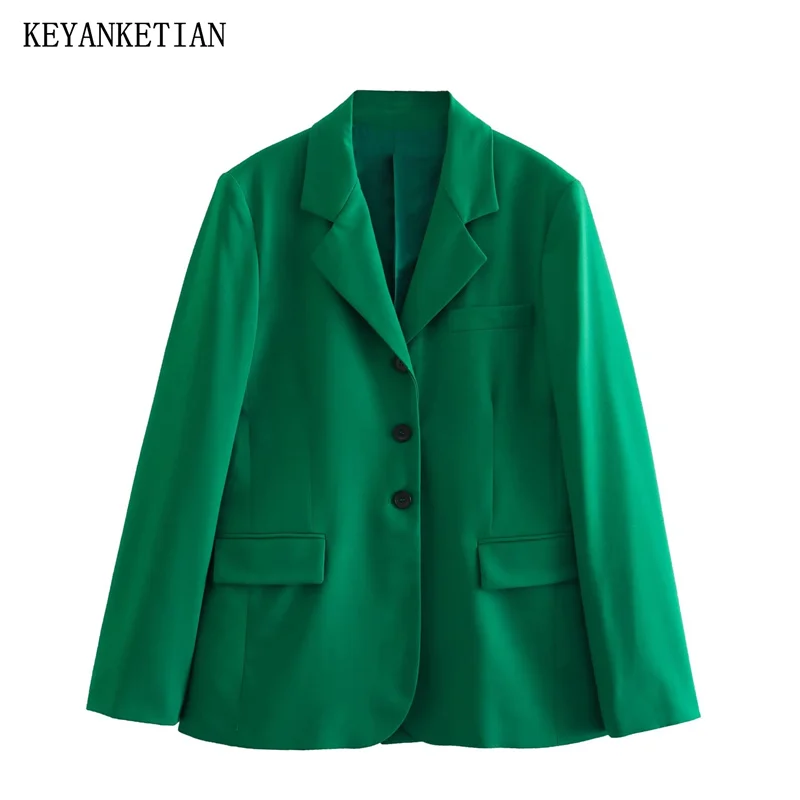 

KEYANKETIAN Spring Autumn Single-Row Buttoned Straight Tube Slit Suit Ladies Clamshell Pocket Commuter Wind Green Casual Coat