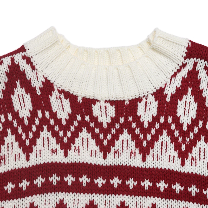 Фото Женский винтажный вязаный свитер Fair Isle, красный, белый рождественский стиль, свободный крой, теплые вязаные топы №4