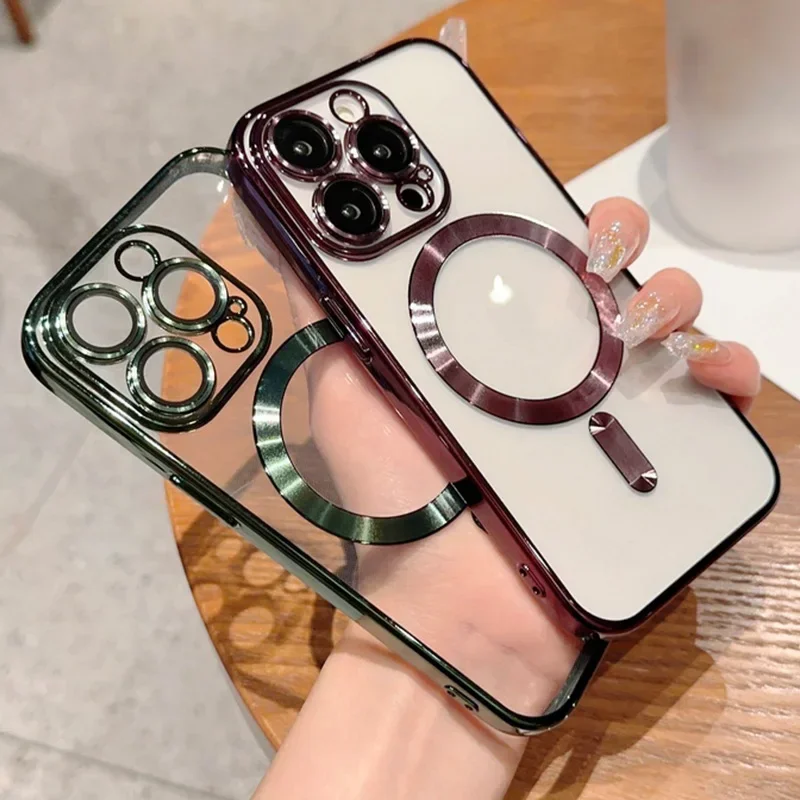 

Чехол для телефона Magsafe для iPhone 14, 13, 12 Pro Max, 11, 14 Pro, противоударный магнитный беспроводной заряжающий объектив с гальваническим покрытием, прозрачная пленка