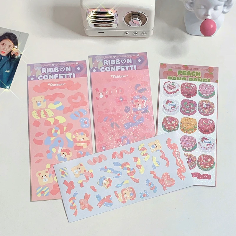 

1Pc Ins Kawaii Bear Pink Girl Cake Ribbon Scrapbook Decoration Sticker DIY Diary Album Stick Label Stationer School Suppliesr