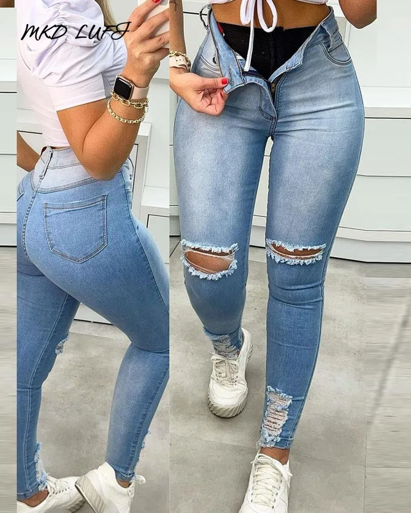 

MKDLUFI Zipper Fly Cutout Ripped Skinny Jeans