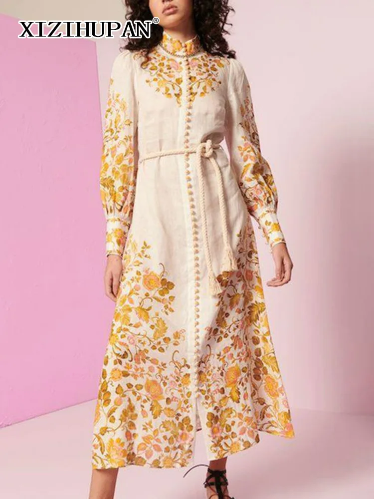 

Платье XIZIHUPAN женское с принтом, повседневное однобортное длинное с воротником-стойкой, рукавами-фонариками, соединением с высокой талией