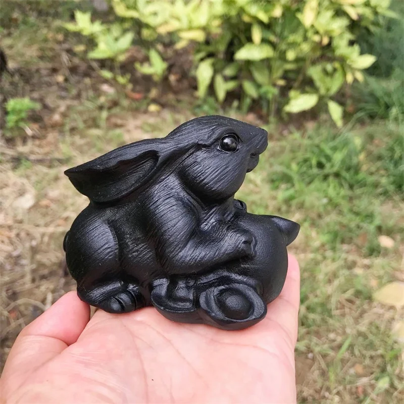 

Natural Black Obsidian Rabbit Gemstone Room Decoration Healing Crystal Animal Figurine Reiki Carved Stones Gift 1PCS 10CM