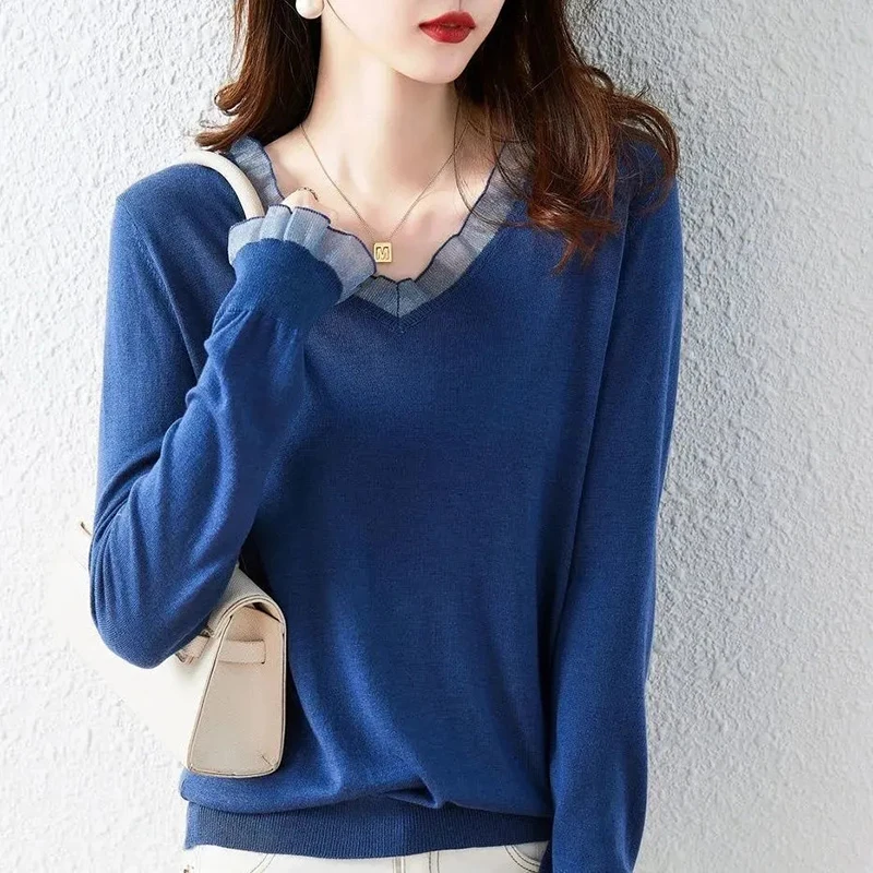 

Women Autumn Winter Sweaters Silk Wool Blend V Neck Plain Pullovers 2022 Fall Long Sleeve Bottoming Shirt Fashion Clothes Tops