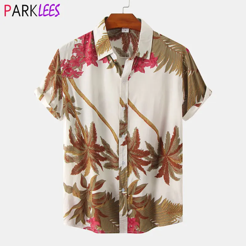 

Fashion Palm Tree Printed Mens Hawaiian Aloha Shirt Short Sleeve Beach Holiday Summer Casual Shirts Tropical Vacation Chemise