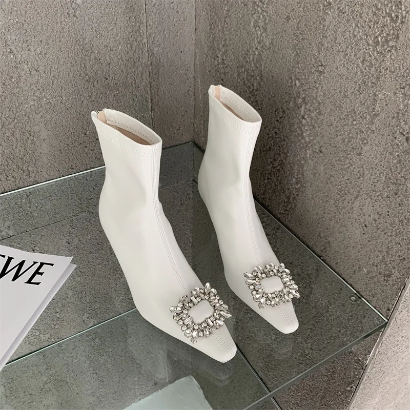 Fashion Women Ankle Boots Autumn Winter Stretch Shoes Rhinestone Crystal Buckle Thin Mid Heels Side Zipper High  Silver