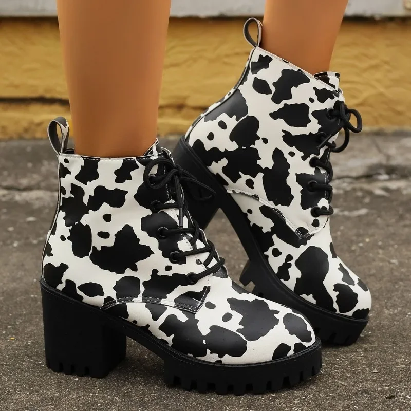 

2024 Fashion Lace Up Women Boots Casual Leather High Heels Shoes Woman Round Toe Square Heel Classics Ankle Boots Zapatos Mujer