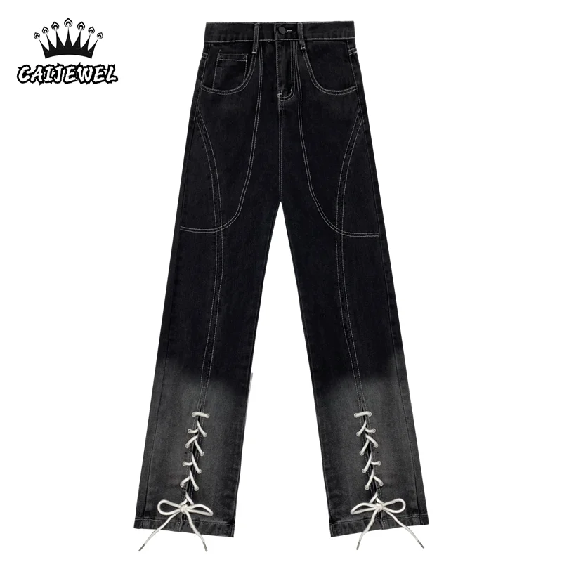 

Women's Jeans Black Gradient Lacing Straight Pants Vintage High Waist Casual Wide Leg Baggy Plus Size Denim Trouser Ladies