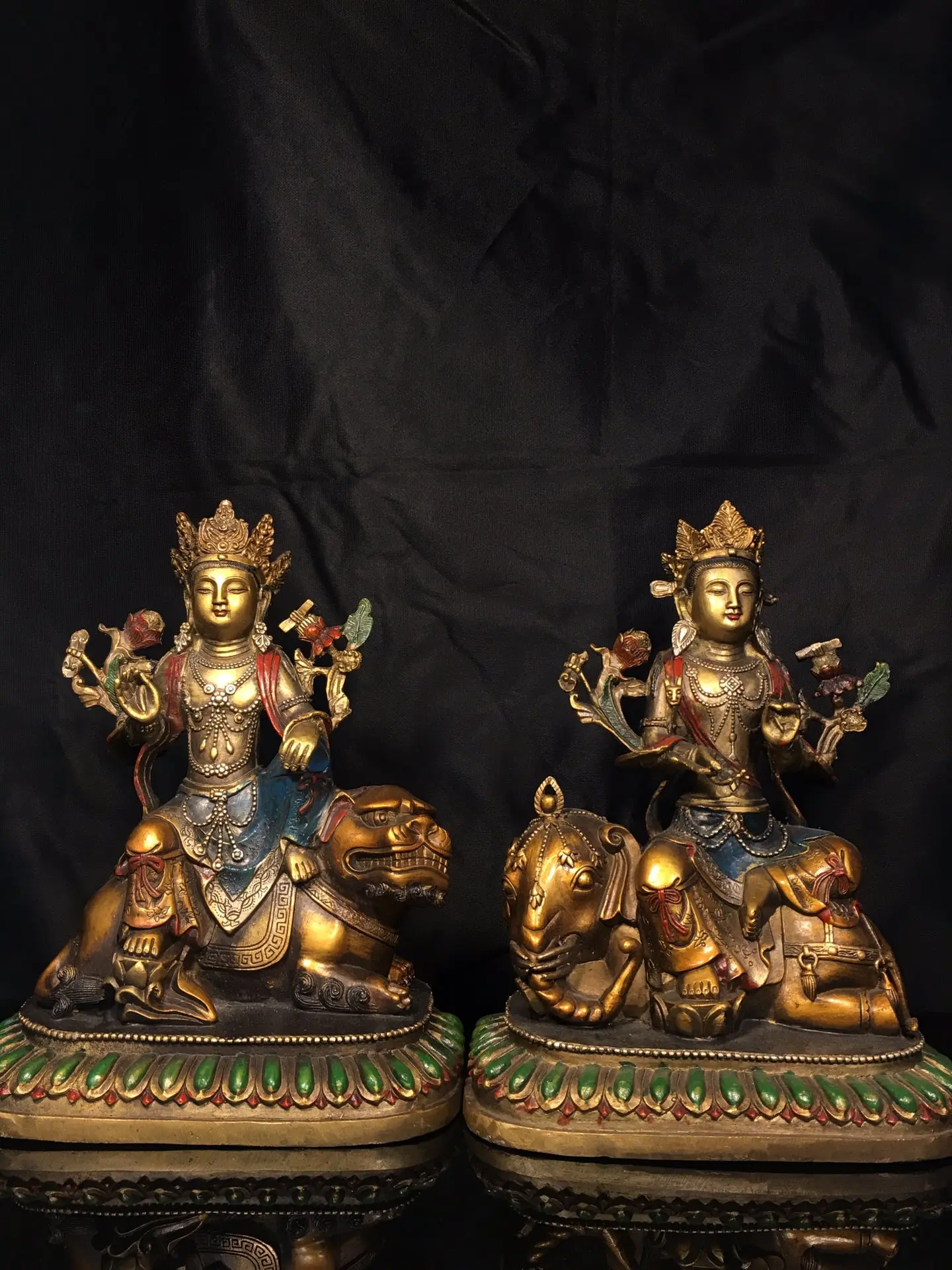 

10"Tibetan Temple Collection Old Bronze Gilt Painted Manjushri Samantabhadra Sitting Buddha A Set Worship Hall Town house