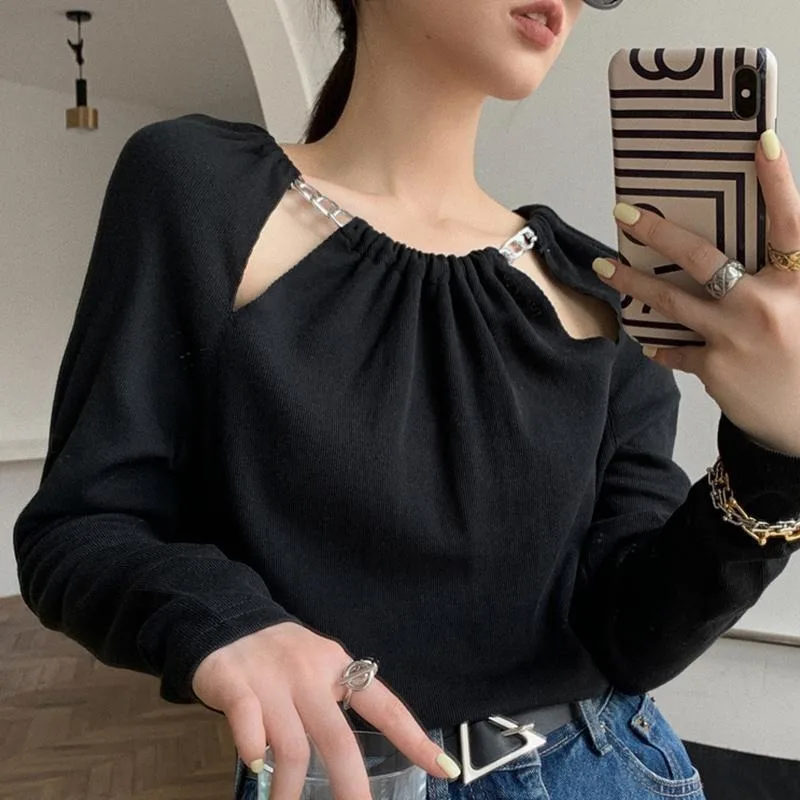

Women's Sexy Long Sleeve Black Harajuku T-shirt Chain Hollow Korean Slim Navel T-shirt Women's Top Goth Clothes 2021 New Product