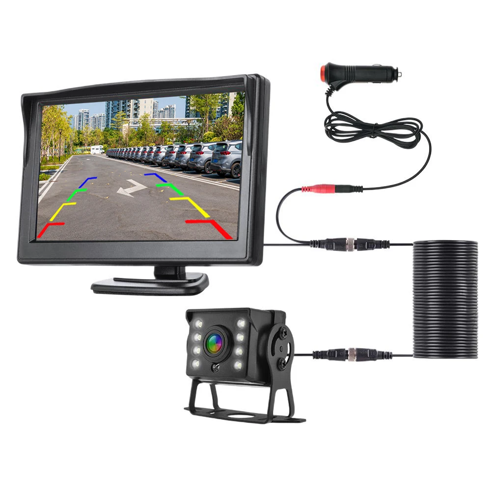 

Универсальная автомобильная камера заднего вида Paking с 5-дюймовым монитором для грузовика, CCD HD экран, светодиодный, ночное видение, водонепроницаемая