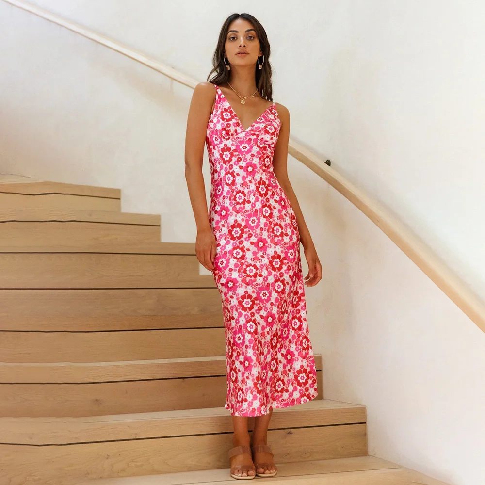 

Sexy Floral Strap Long Dresses For Women Summer 2022 Fashion V Neck Sleeveless Backless Maxi Slip Red Woman Slim Dress Elegant
