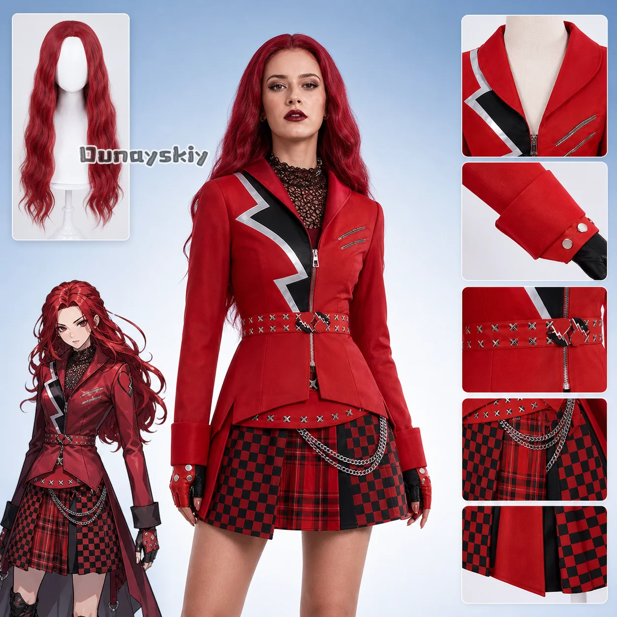 Фото Костюм для косплея KS*21Red: Аниме-персонаж Dantss Wicked 5, стильная черно-красная куртка, модная клетчатая юбка Jirai Kei, парик для Хэллоуина №1