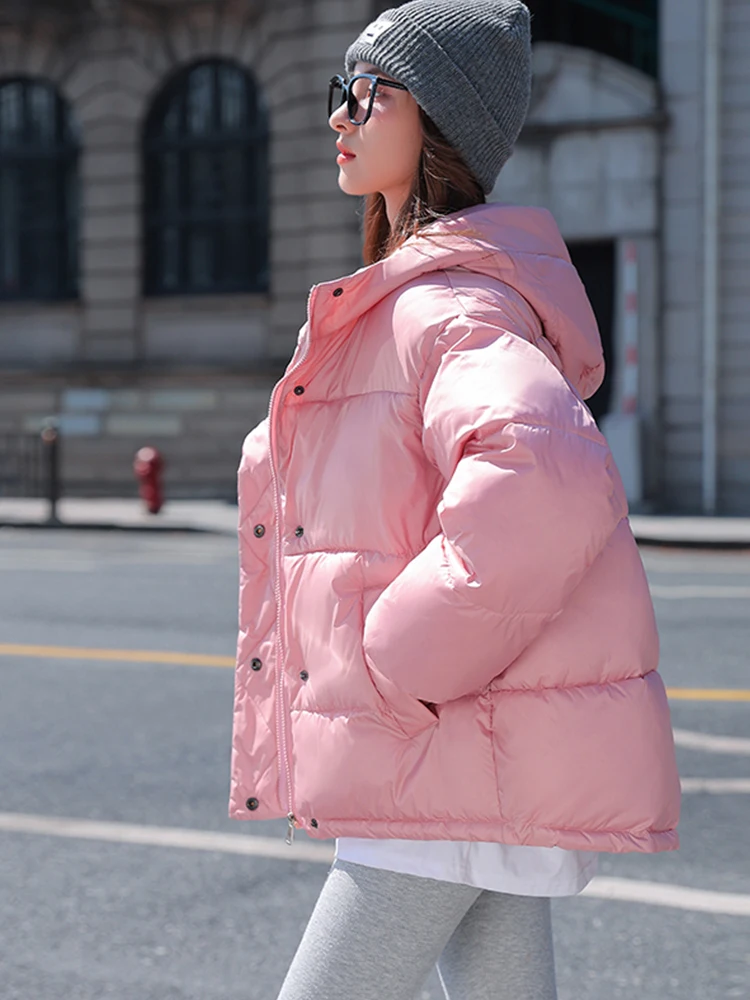 Hooded Women WInter Padded Parka Solid Blue Pink White Female Warm Korean Style Oversized Loose Coat Short Jacket Puffer