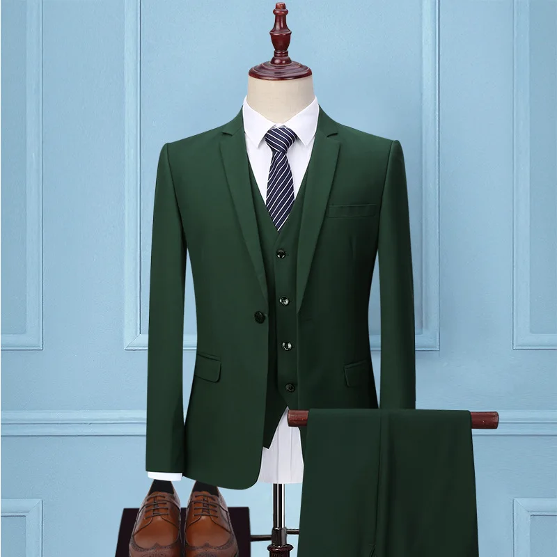 Dark Green Suit Men's Three-piece Korean Version Slim Suit Business Office Suit Best Man Groom Wedding Dress Blazer Men