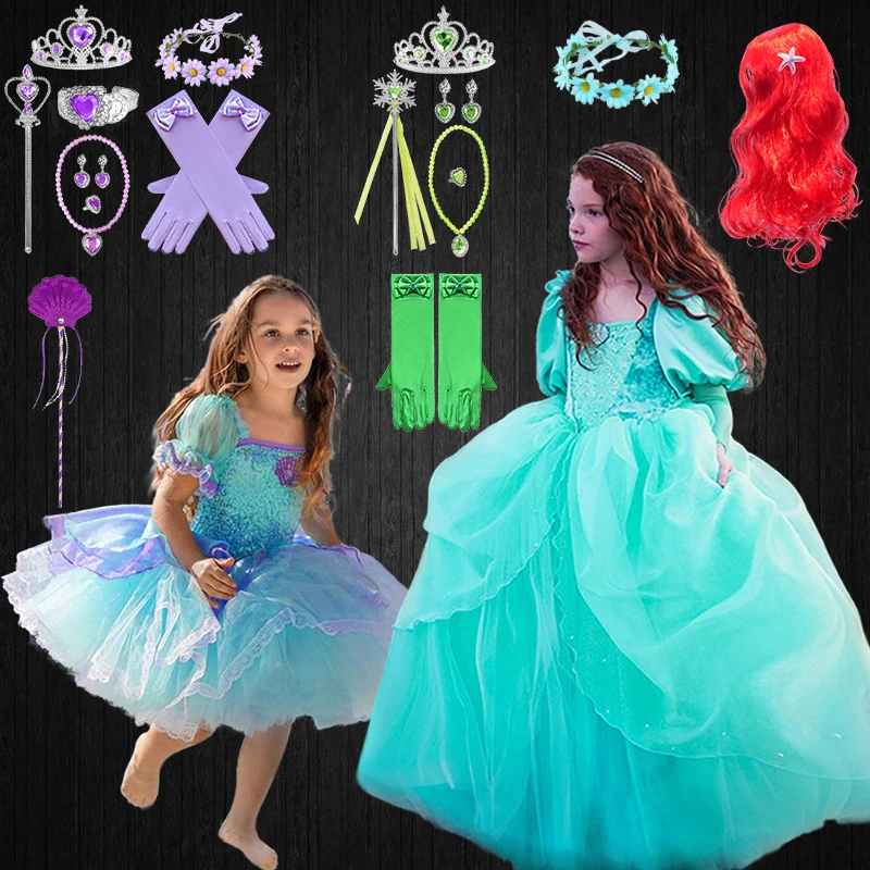 

New Birthday Party Little Mermaid Costume Kids Christmas Fancy Girls Princess Ariel Dress Long Sleeve Green Elegant Prom Dresses