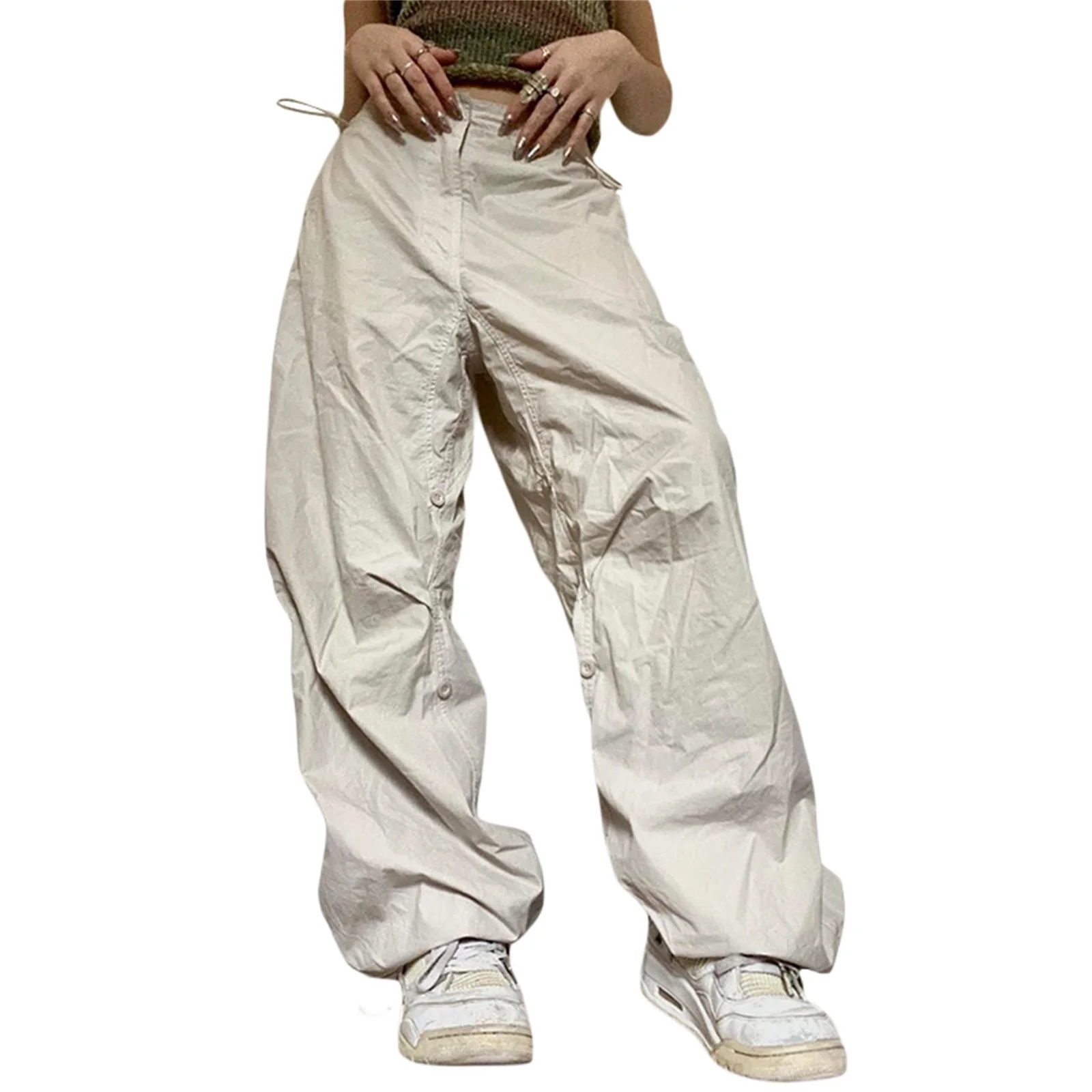 

Women Solid Color Loose Cargo Pants Elastic Drawstring High Waist Casual Long Trousers with Pocket for Spring Autumn